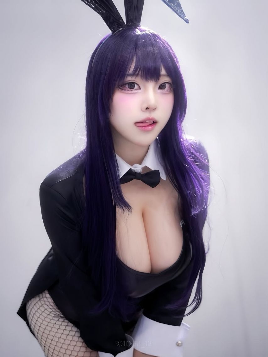 보라색 머리 송하나 바니걸 의상 육덕 가슴골 + 망사스타킹