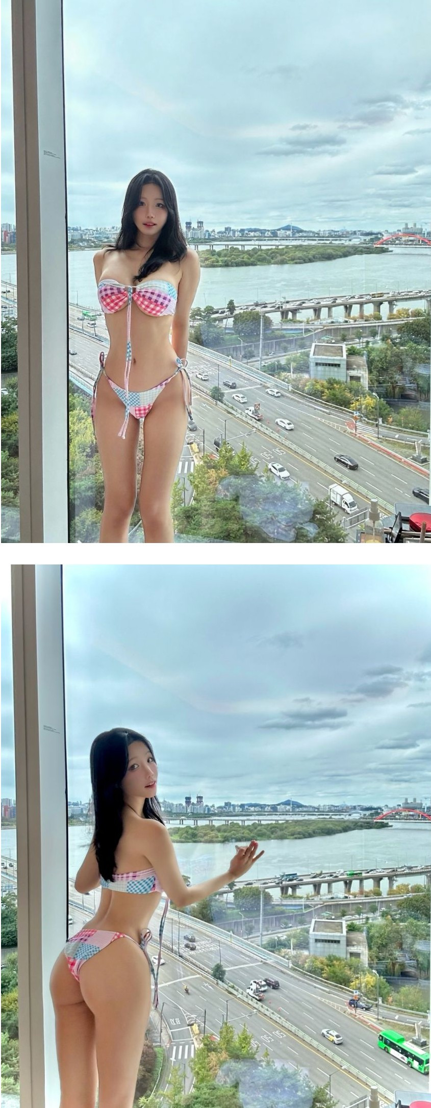 호텔 통유리 창 앞에 선 에디린 비키니 몸매 지리네요