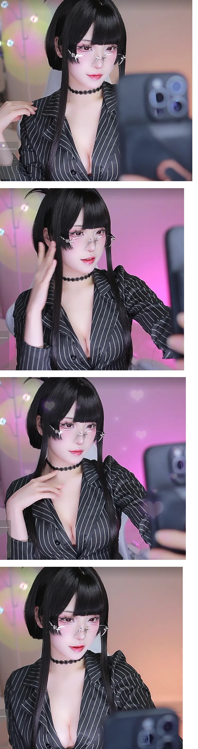 회색 세로줄무늬 정장 자켓 미드 오픈한 시루다냥 가슴골