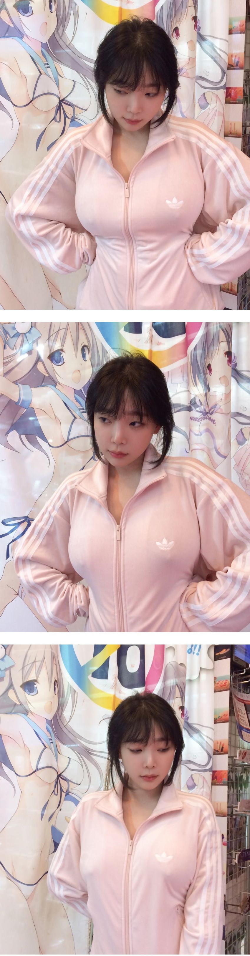 핑크 아디다스 삼선 집업 강인경 노브라 꼭툭튀