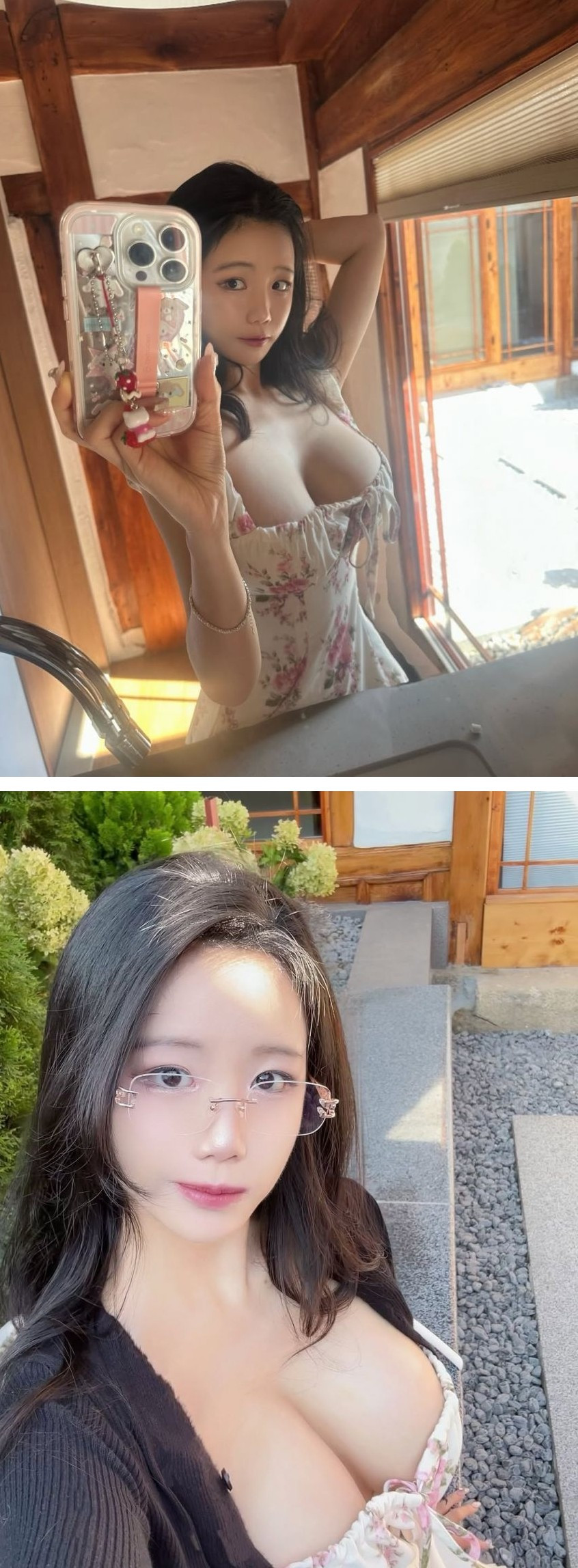 안경 에디린 위에서 찍은 꽃원피스 다 꺼내놓은 가슴골