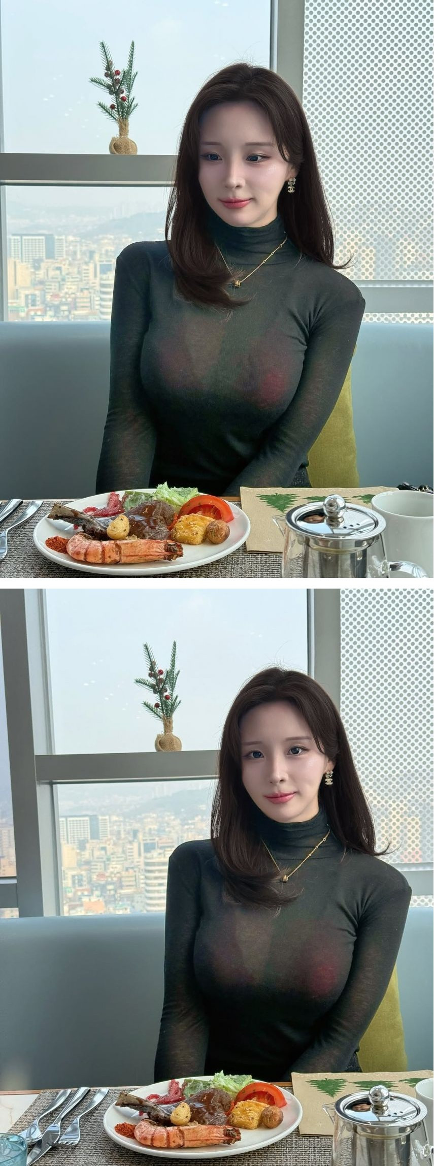 검정 시스루 터틀넥 속 빨간 브라 다 비치는 유부녀 꽃빵
