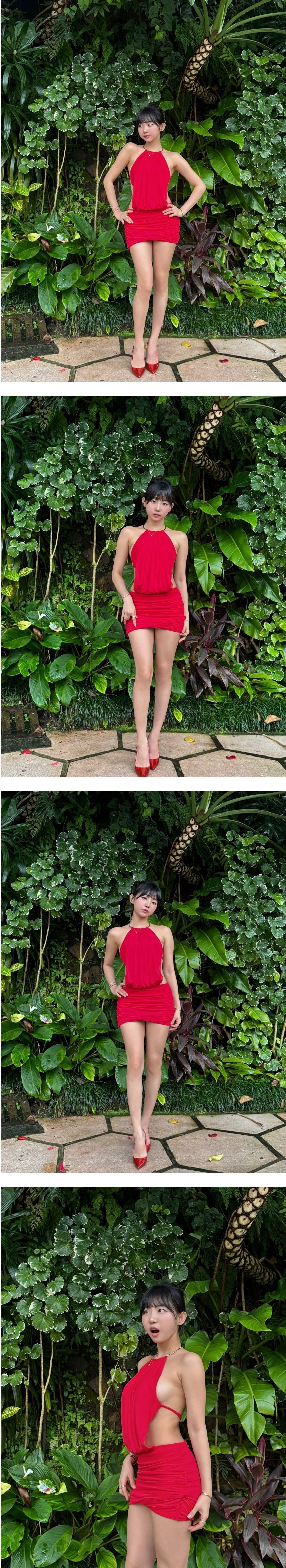 표은지 사이드붑이 삐져나온 빨간 미니드레스 몸매