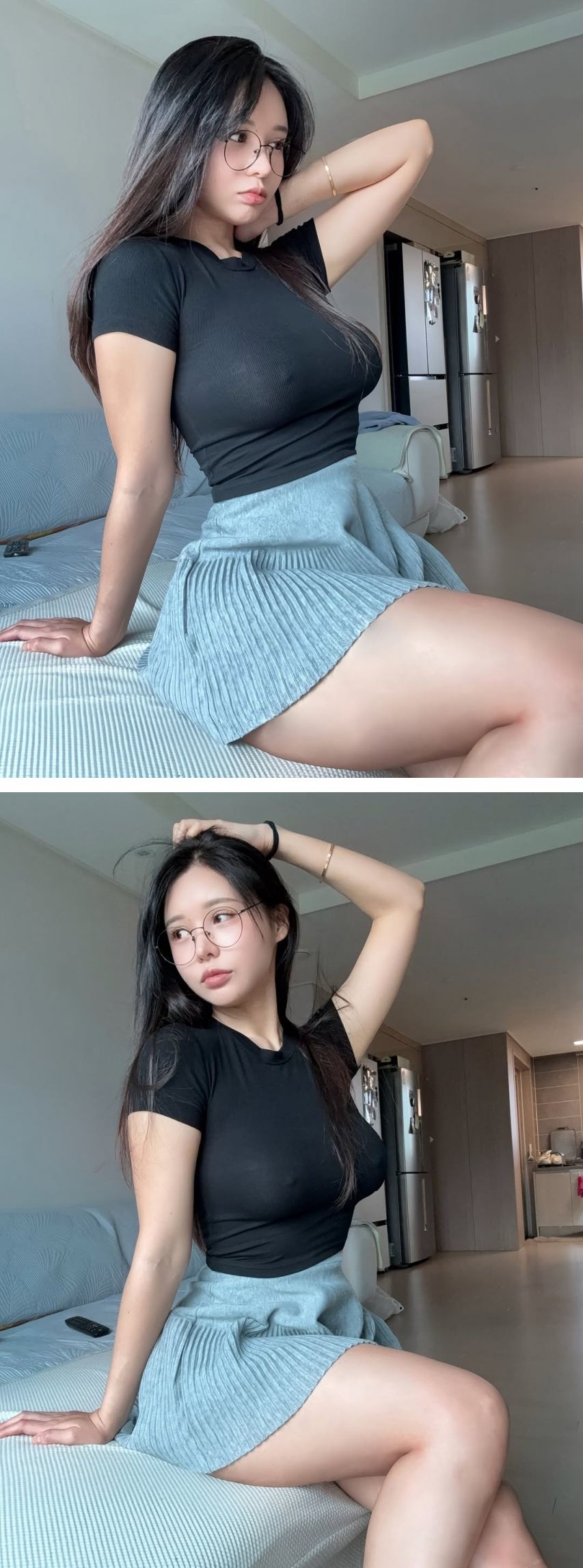 팬더티비 70G컵 서안 얇은 검정 티셔츠 노브라 꼭툭튀