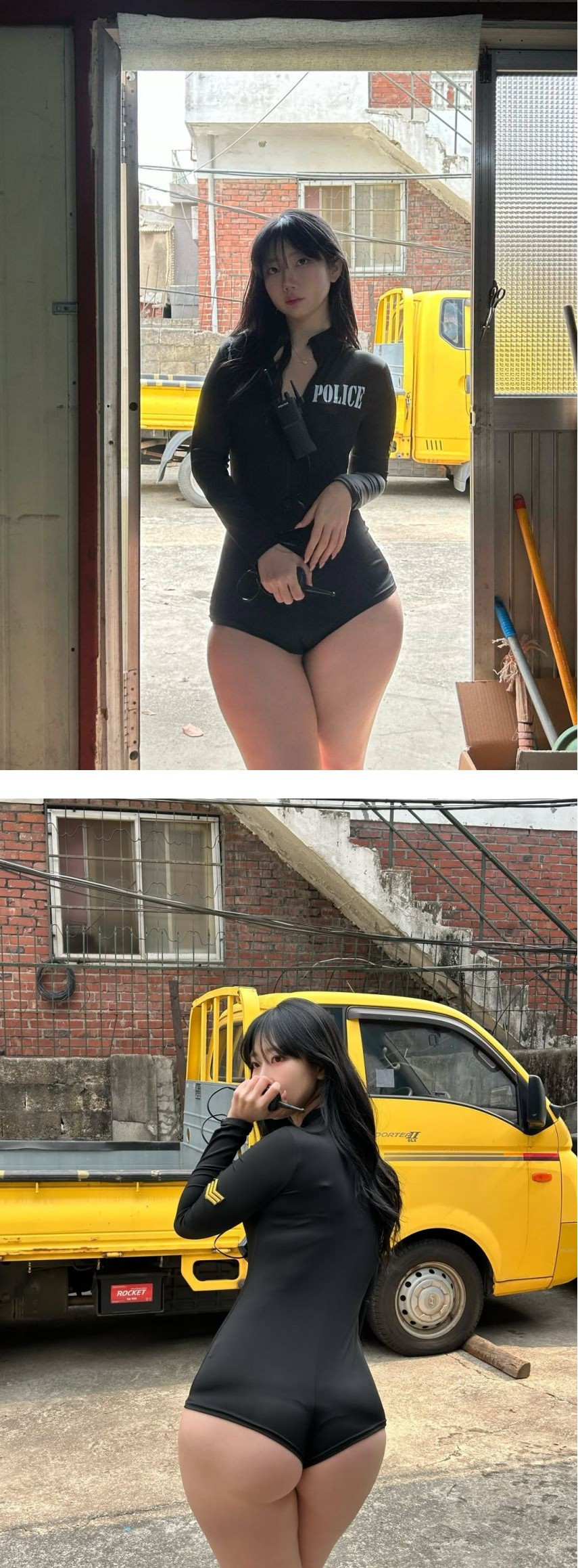 꽉 끼는 검정 경찰 수영복 입은 신나린 화난 엉덩이 도끼자국