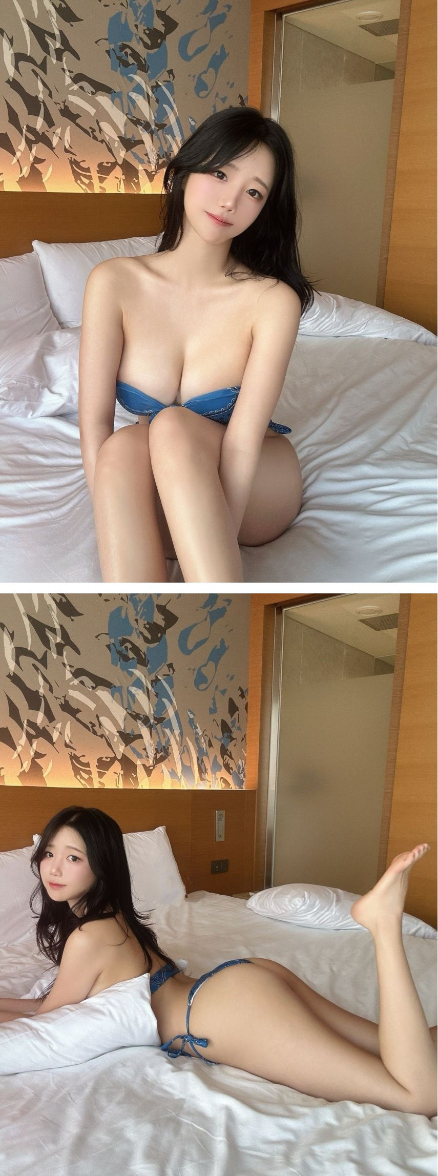 파란 손수건 비키니 입고 침대에 누은 에디린 가슴골 빵댕이