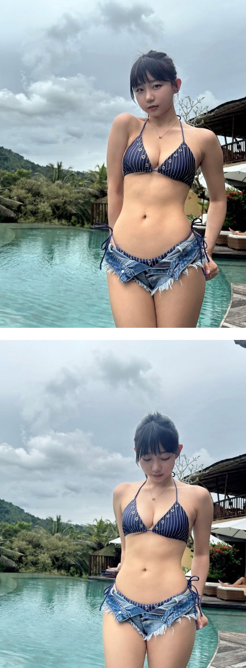 남색 세로 줄무늬 끈비키니 표은지 몽글한 가슴골 몸매