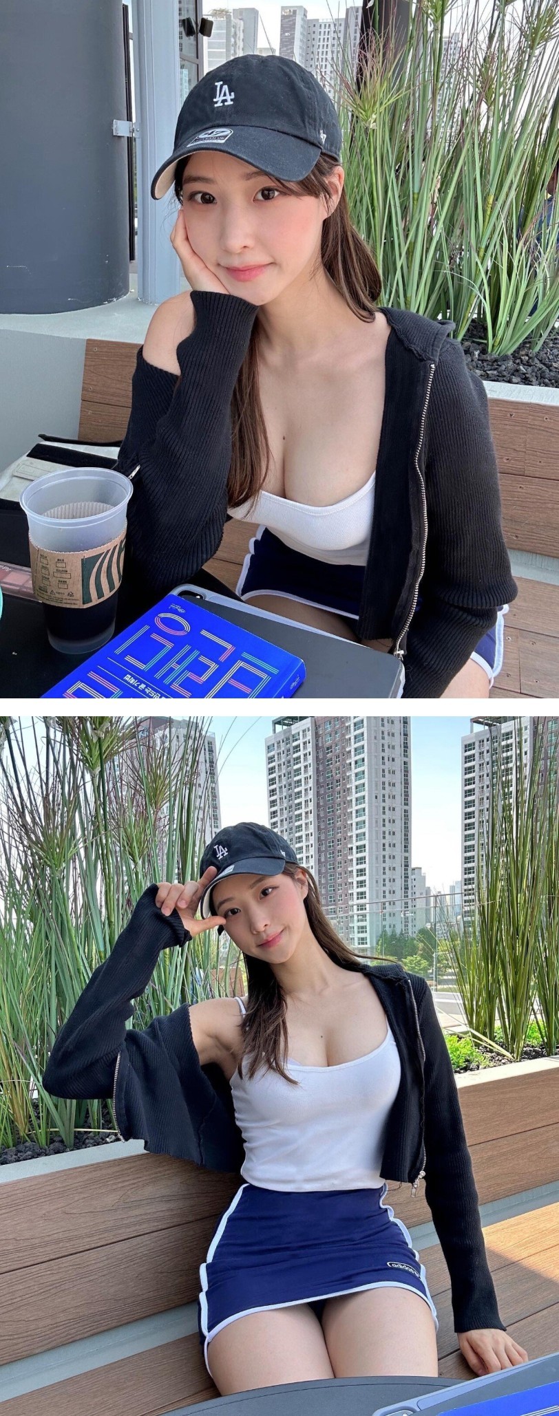 명아츄 흰 끈나시 알가슴골 + 스포티한 파란 초미니 야벅지