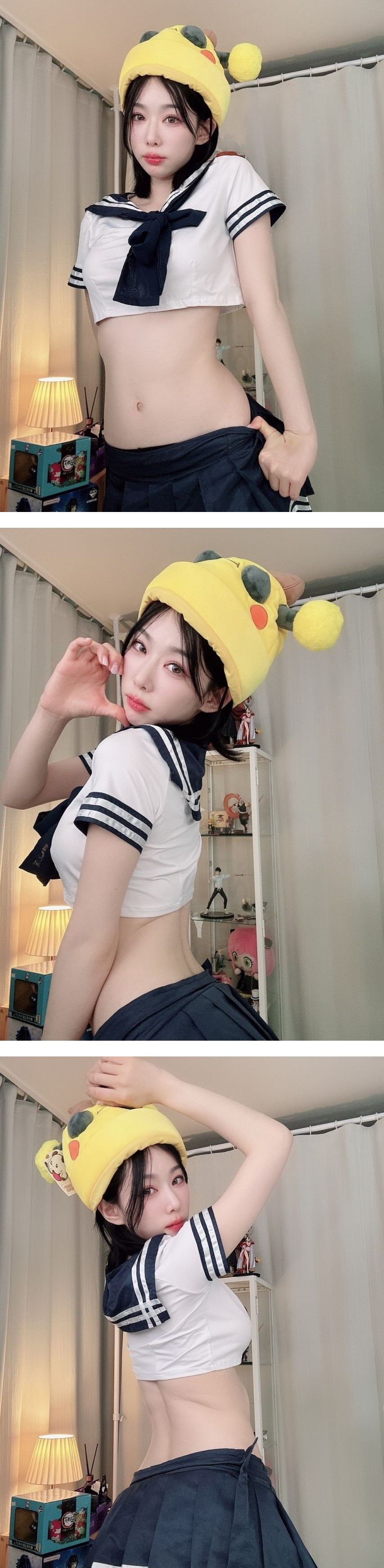 크롭 교복 치마 골반까지 내린 기래민 잘록한 복부 기립근