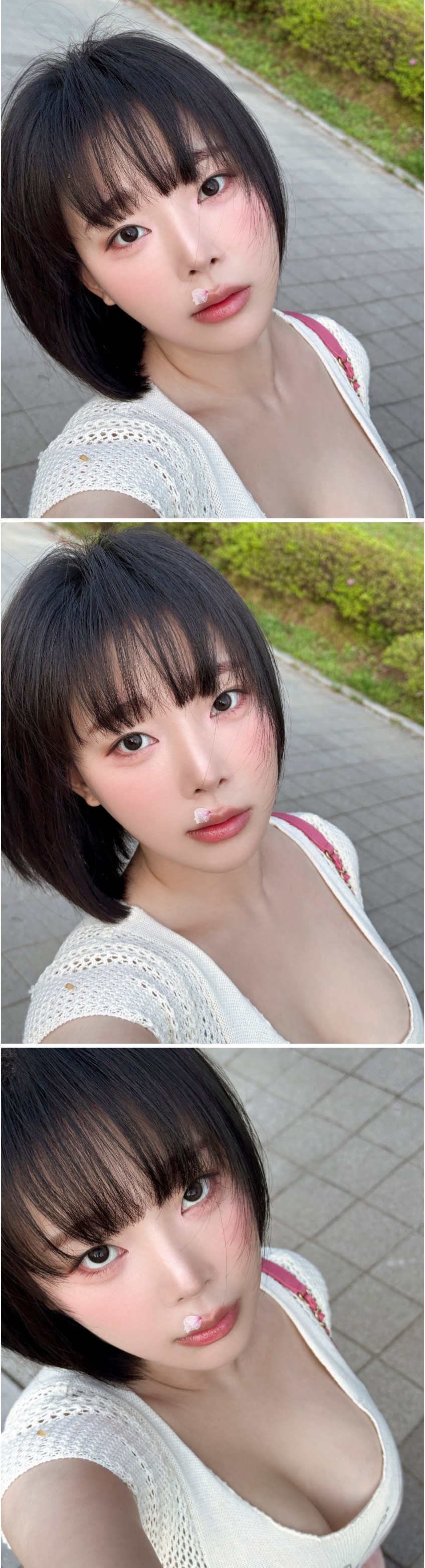 입술에 꽃잎 붙인 강인경 신작 셀카 위에서 찍은 가슴골