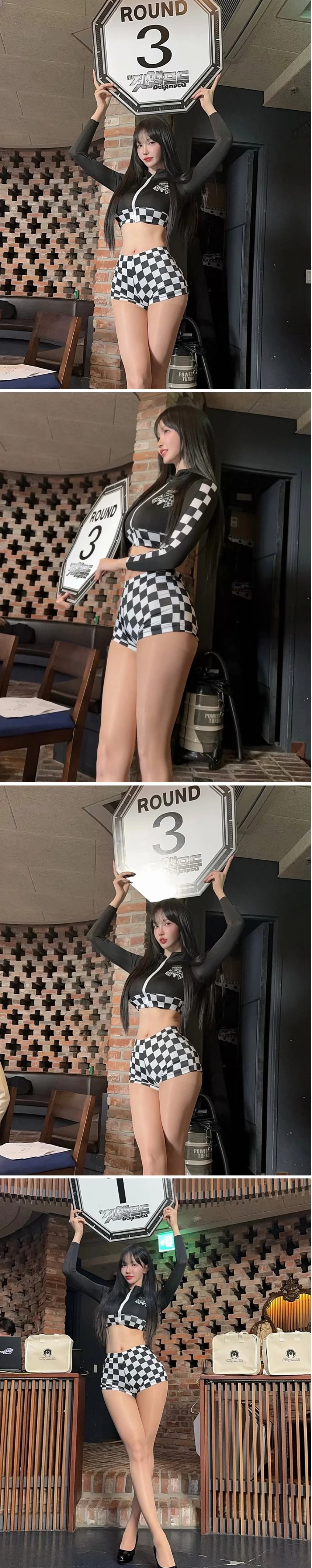 '체급의 F컵' 라운드걸 겨우디 검정 레이싱 깃발 의상