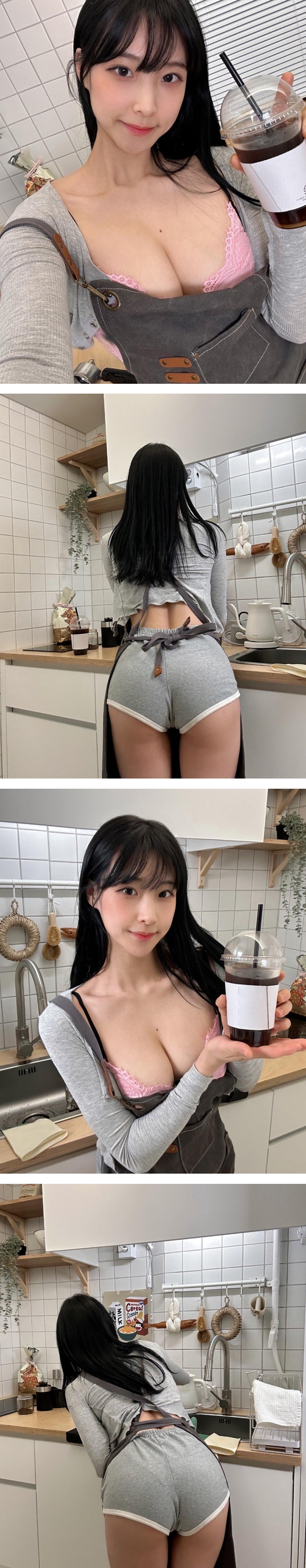카페알바 명아츄 핑크 브라 가슴골 + 회색 돌핀팬츠 빵댕이